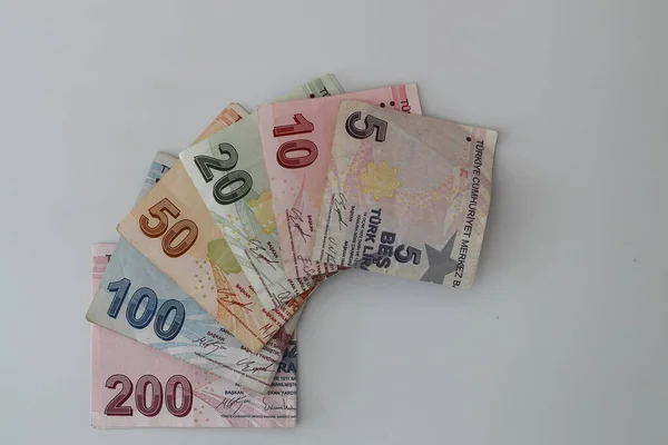Банкноты Turksh Lira Различного Цвета Рисунка Номинала Белом Фоне — стоковое фото