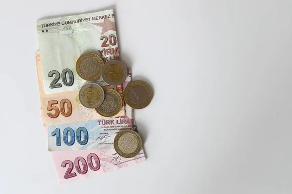 Банкноты Монеты Турецкой Валюте Банкноты Монеты Турецкой Лиры — стоковое фото