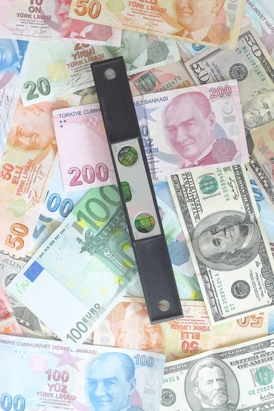 Balance Turkish Lira Dollar Euro Spirit Level Concept Imbalance Exchange — Stock Photo, Image