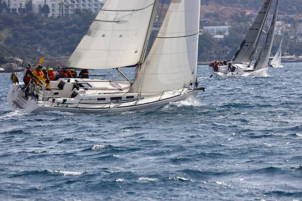 Bodrum Turkey February 2022 Sailboats Sail Windy Weather Blue Waters — Stock Photo, Image