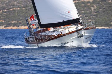 Bodrum, Türkiye, 06 Mart 2022: Geleneksel Türk teknesi veya Gulet denizde seyrediyor. Ege 'nin Bodrum plajı yakınlarındaki Turistik Yelkenliler. 