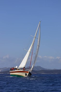 Bodrum, Türkiye, 06 Mart 2022: Geleneksel Türk teknesi veya Gulet denizde seyrediyor. Ege 'nin Bodrum plajı yakınlarındaki Turistik Yelkenliler. 