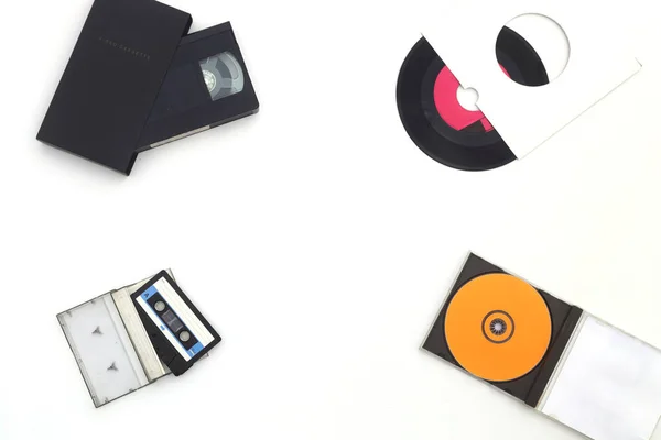 Vinyl Record Audio Video Cassettes Top View — Stock Photo, Image