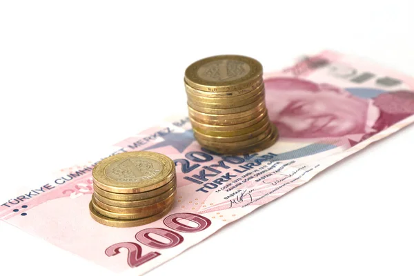 Stelletje Verschillende Turkse Valuta Lira Bankbiljetten Munten Turkse Lira Bankbiljetten — Stockfoto
