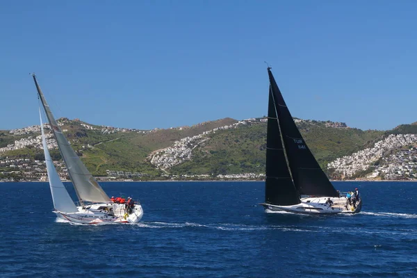 Bodrum Turkiet April 2019 Segelbåtar Seglar Blåsigt Väder Egeiska Havets — Stockfoto