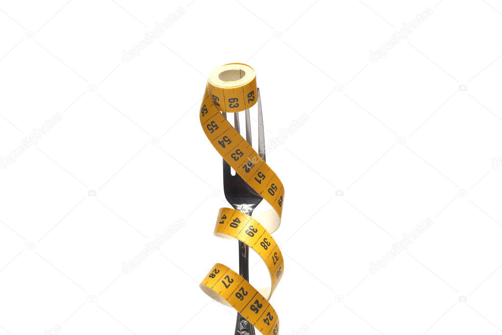 Diet concept. Bright yellow measuring tape and fork isolated on a white background