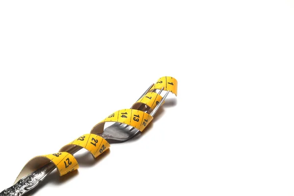 Concepto Dieta Cinta Métrica Color Amarillo Brillante Tenedor Aislados Sobre —  Fotos de Stock