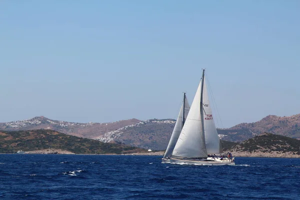 Bodrum Turquia Maio 2019 Veleiros Navegam Tempo Ventoso Nas Águas — Fotografia de Stock