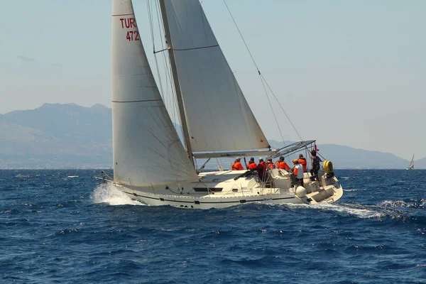 Bodrum,Turkey. 25 May 2019: Sailboats sail in windy weather in the blue waters of the Aegean Sea, on the shores of the famous holiday destination Bodrum.
