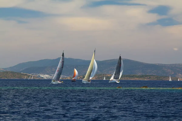 Bodrum Turkey May 2019 Sailboats Sail Windy Weather Blue Waters — Zdjęcie stockowe