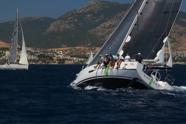 Bodrum,Turkey. 26 May 2019: Sailboats sail in windy weather in the blue waters of the Aegean Sea, on the shores of the famous holiday destination Bodrum.