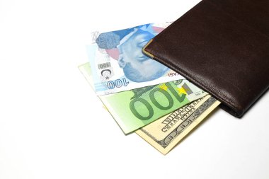 Turkish lira, Dollar, Euro banknotes in a wallet isolated on white background.
