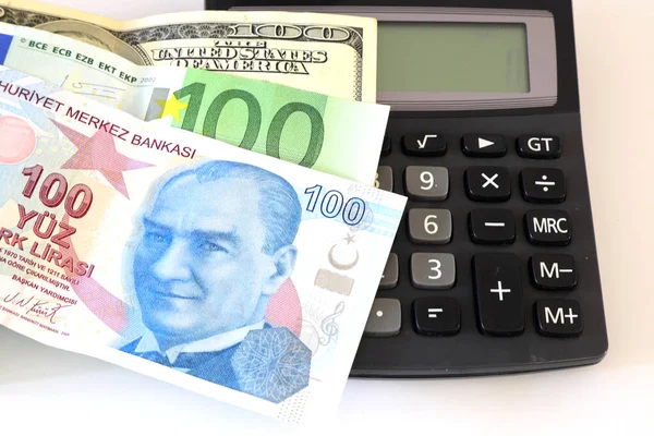 Dólar Eruo Lira Turca Com Uma Calculadora Uma Caneta — Fotografia de Stock