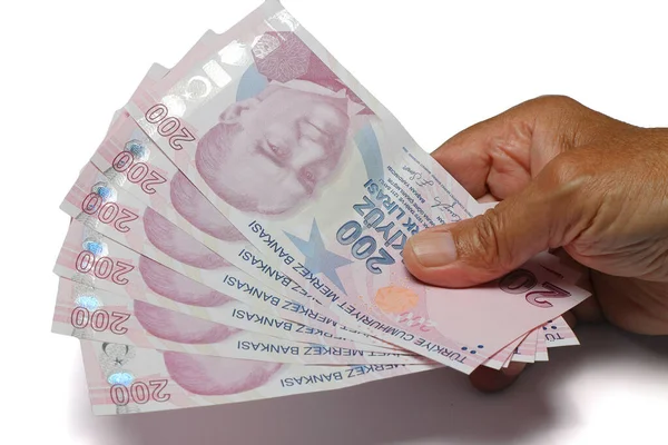 Senior Man Gerimpelde Handen Houden Turkse Lira Bankbiljetten Witte Achtergrond — Stockfoto