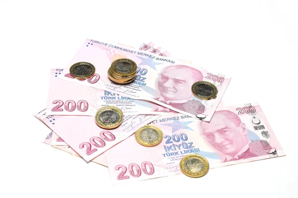 Turkish Lira Banknotes Various Color Pattern Value White Background — Stockfoto