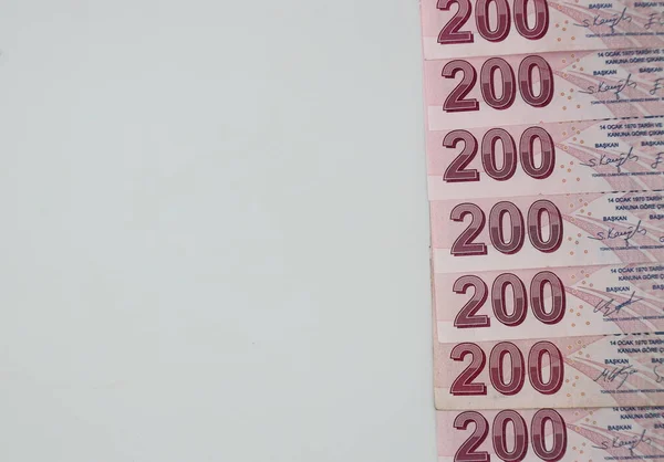Банкноты Турецкой Лиры Различного Цвета Рисунка Номинала Белом Фоне — стоковое фото