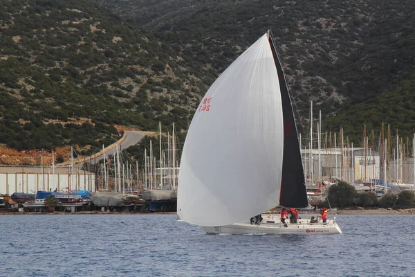 Μποντρούμ Τουρκία Ιανουαρίου 2019 Ιστιοφόρα Πλέουν Θυελλώδη Καιρό Στα Καταγάλανα — Φωτογραφία Αρχείου