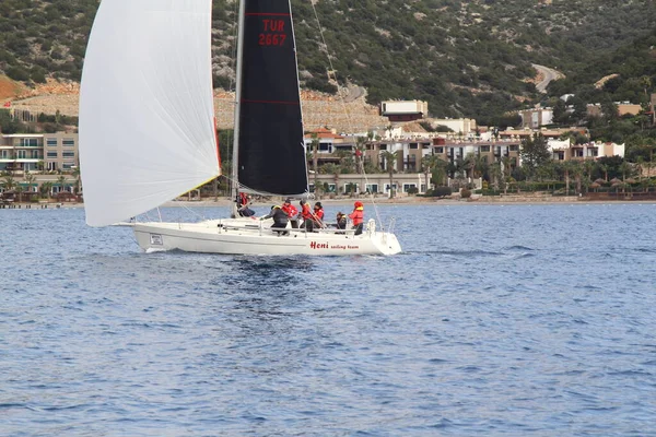 Bodrum Turkey January 2019 Sailboats Sail Windy Weather Blue Waters — Stok fotoğraf