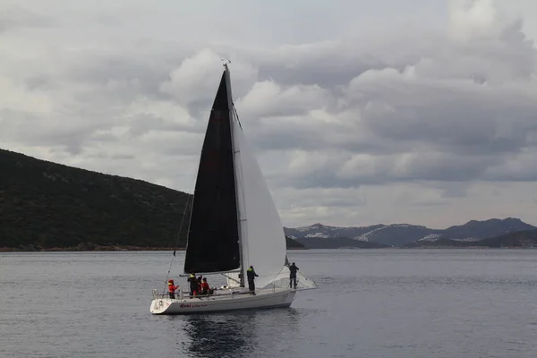 Bodrum Turkey January 2019 Sailboats Sail Windy Weather Blue Waters — ストック写真