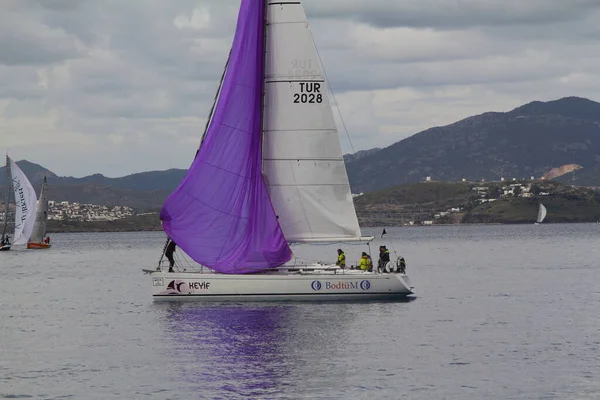 Bodrum Turkey January 2019 Sailboats Sail Windy Weather Blue Waters — Fotografia de Stock