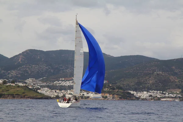 Bodrum Turkey January 2019 Sailboats Sail Windy Weather Blue Waters — 스톡 사진