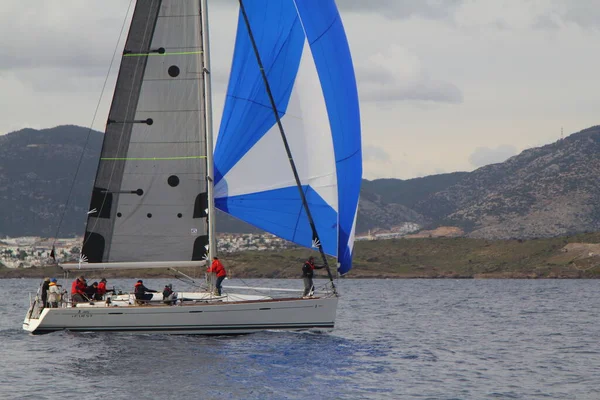 Bodrum Turkey January 2019 Sailboats Sail Windy Weather Blue Waters — Foto Stock