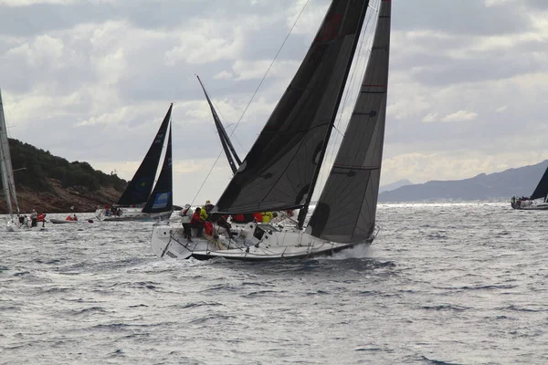 Bodrum Turkey January 2019 Sailboats Sail Windy Weather Blue Waters — Foto Stock