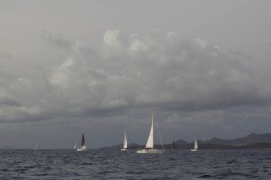Bodrum, Hindi. 20 Ocak 2019: Yelkenliler Ege Denizi 'nin mavi sularında, ünlü tatil beldesi Bodrum' un kıyılarında rüzgarlı havada yelken açıyorlar..