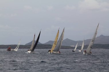 Bodrum, Hindi. 20 Ocak 2019: Yelkenliler Ege Denizi 'nin mavi sularında, ünlü tatil beldesi Bodrum' un kıyılarında rüzgarlı havada yelken açıyorlar..
