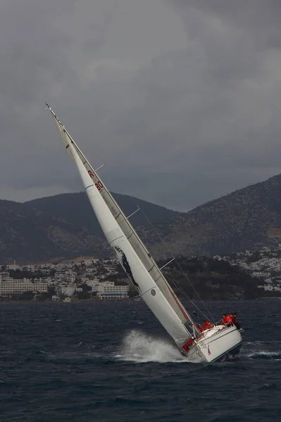 Bodrum Turkey January 2019 Sailboats Sail Windy Weather Blue Waters — Stock Photo, Image