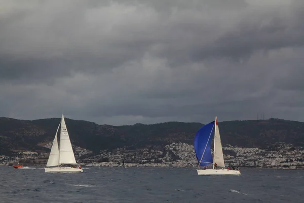 Bodrum Turkiet Januari 2019 Segelbåtar Seglar Blåsigt Väder Egeiska Havets — Stockfoto
