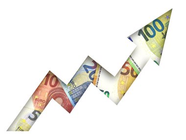 Growing arrow with euro money background, euro money investment concept on white background