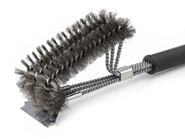 Brosse métallique, brosse de nettoyage de grill avec soies en acier inoxydable isolées sur fond blanc — Photo