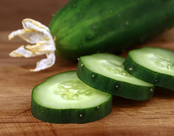 Close Cut Cucumber Slices Outdoor Cucumber Dried Fruit Blossom Freshly — Stock Photo, Image