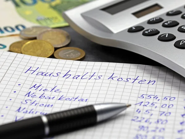 list of the expenses of a private household in german language on notepad with pen, coins and calculator, close up.