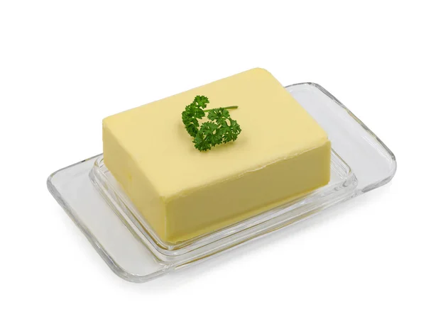 Whole Block Butter Glass Plate Garnished Parsley Isolated White Background — 스톡 사진