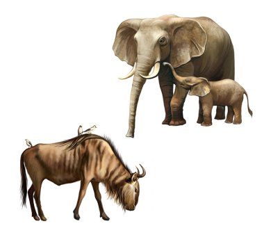 Elephant family: mother and baby. Wildebeest with birds sitting on its back clipart