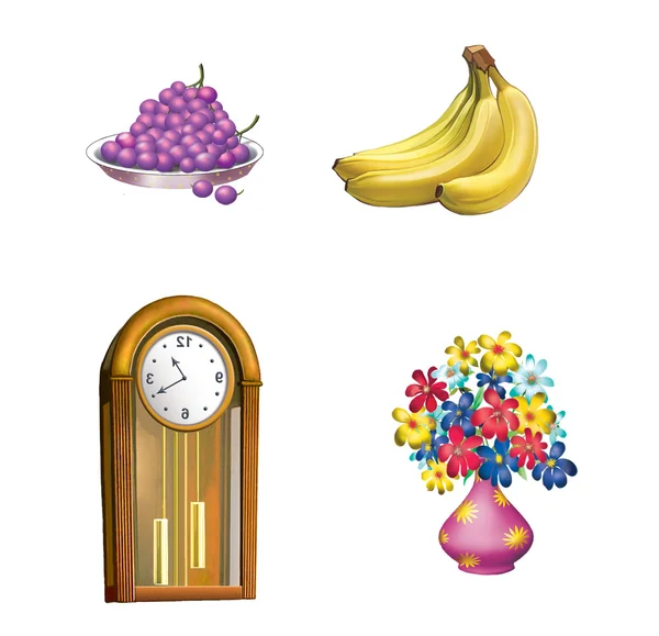 Stary zegar drewniany, wahadła, winogrona, banany i kwiaty w wazonie różowy — Zdjęcie stockowe