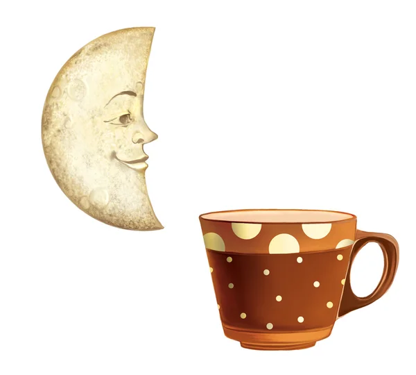 Moon with a smiling face, brown ceramic coffee cup with polka dots. — Stock Photo, Image