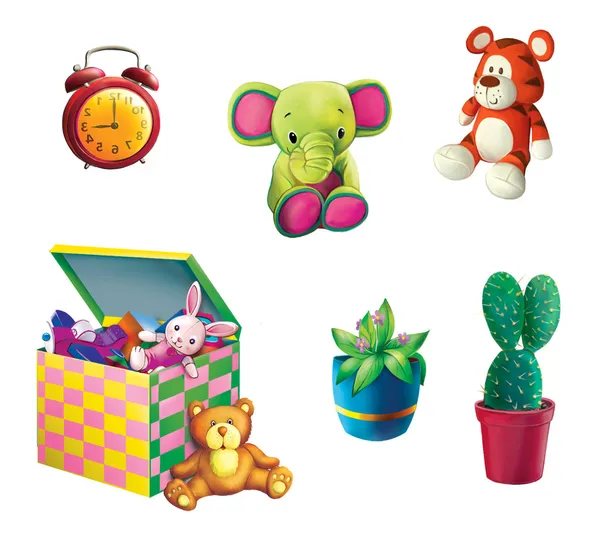 Children Toys. Toy Elephant, Toy tiger, box for toys, plant in the pot and cactus — Stock Photo, Image