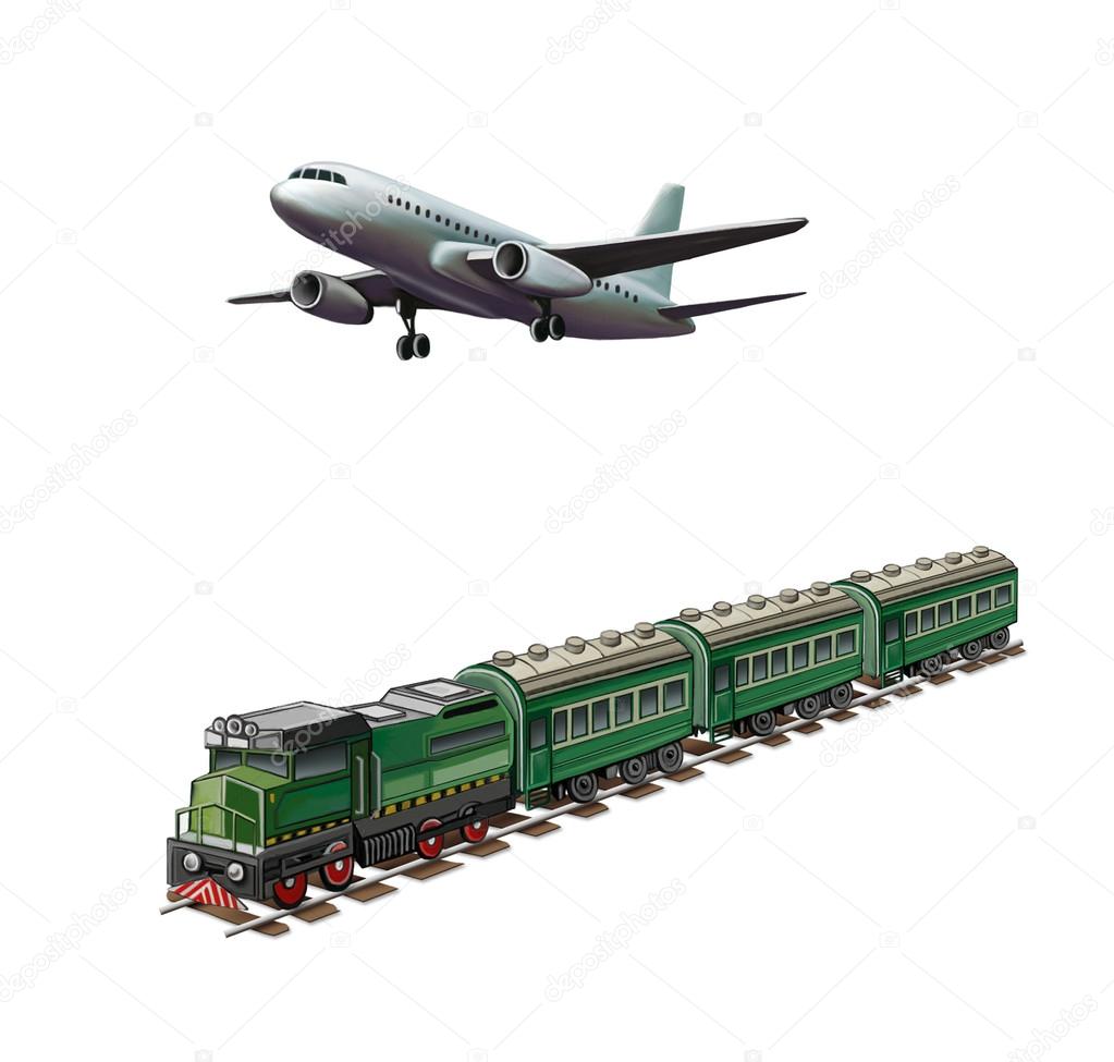 Real jet aircraft, Modern airplane, Green passanger train on a railroad