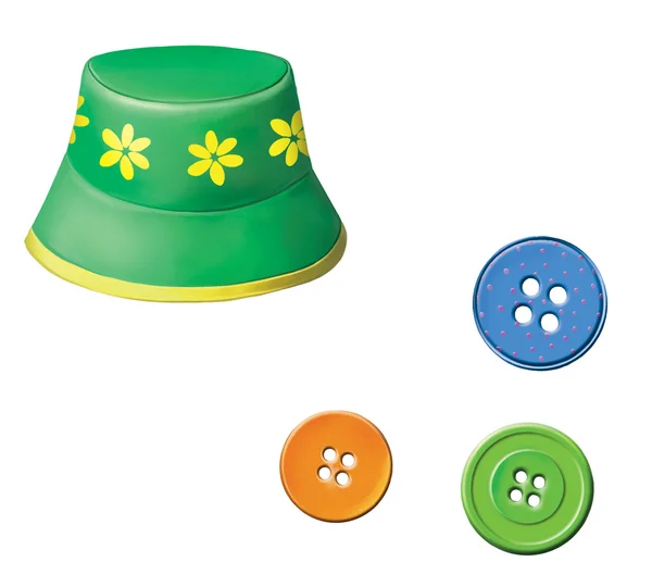 Καπέλο Παναμά πράσινο μωρό με λουλούδια. πολύχρωμες κουμπιά — Φωτογραφία Αρχείου