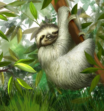 Sloth, three toe male juvenile hanging in tree in tropical rainforest jungle, Illustration clipart