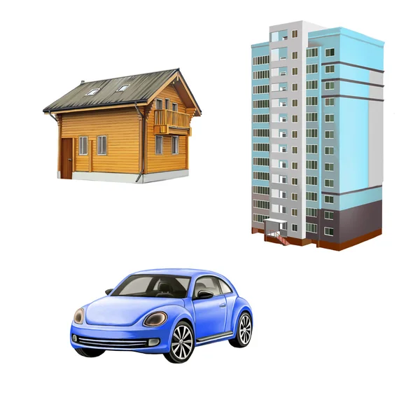 Houten huisje, blauwe autootje, wolkenkrabber, appartement gebouw, geïsoleerd illustratie op witte achtergrond. — Stockfoto