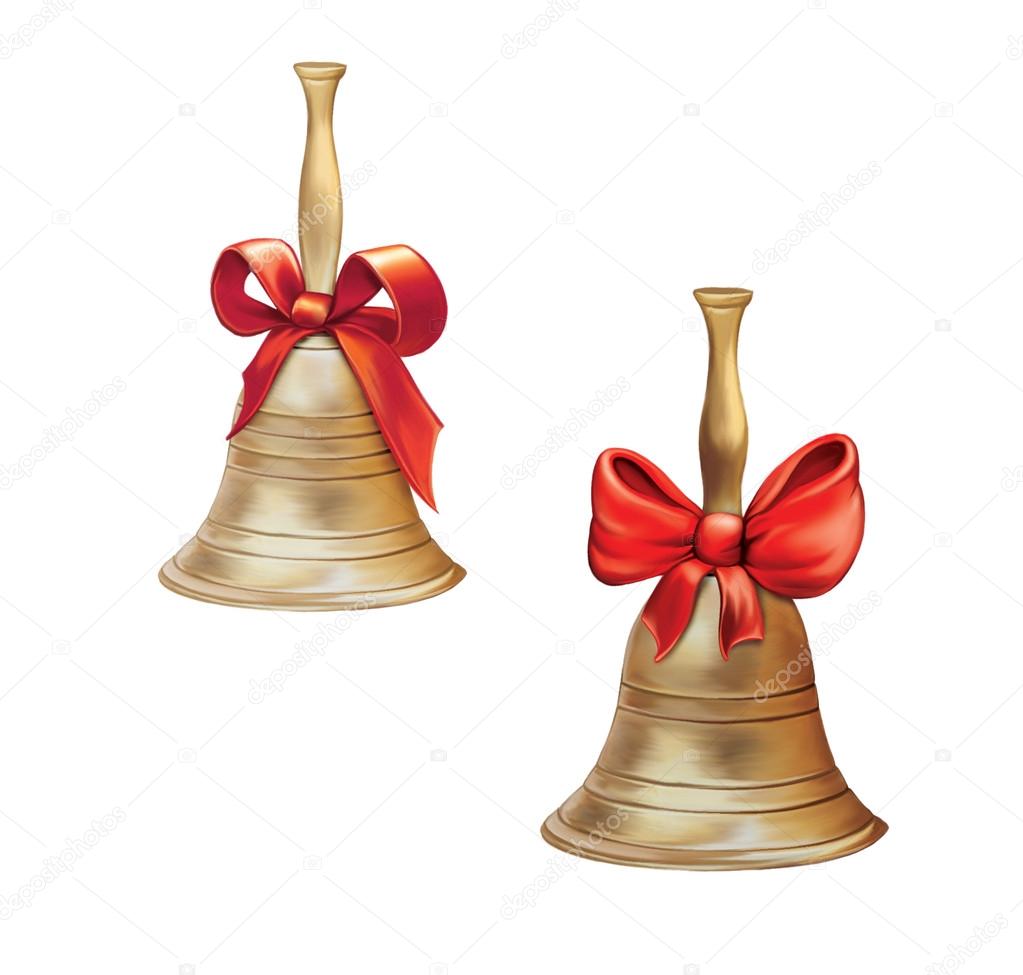 Shiny brass bell with red ribbon bow Isolated illustration on white background.