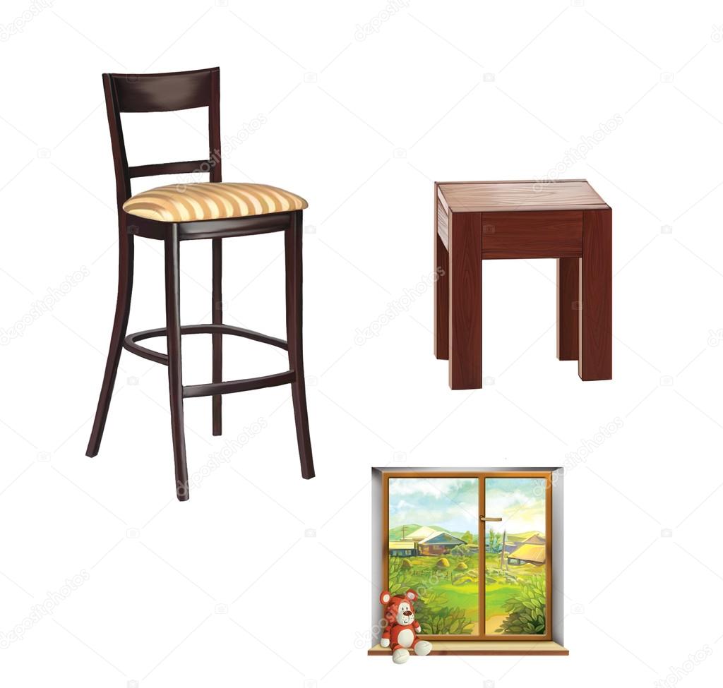 Bar stool, chair, window with a toy and wooden stool isolated on white background