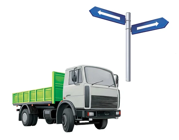 Yeşil autotruck, kamyon, yol işareti — Stok fotoğraf