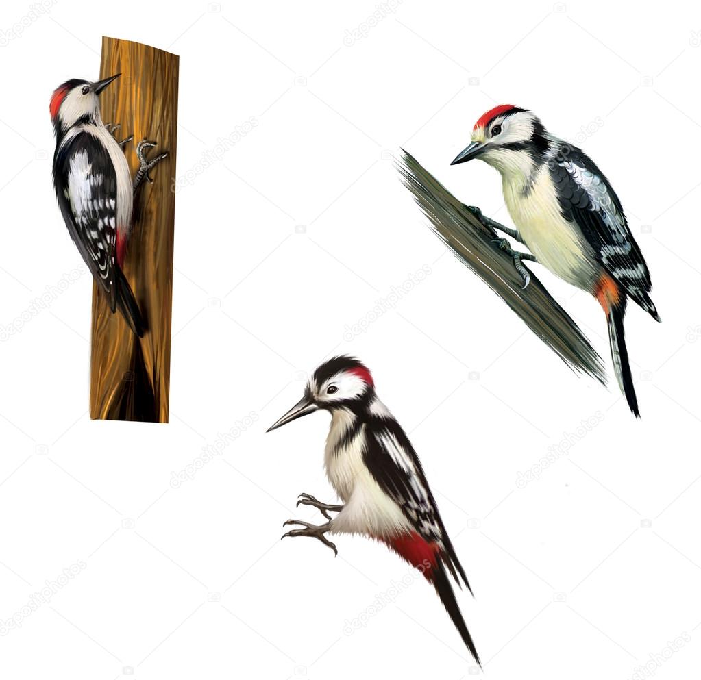 Great Spotted Woodpecker on a tree. Middle Spotted Woodpecker. Isolated on white background.