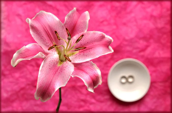 Elegante lirio rosa y anillo de bodas — Foto de Stock