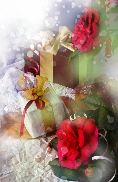 Kamelia czerwony kwiat, pudełka z jedwabne wstążki i łuk — Zdjęcie stockowe